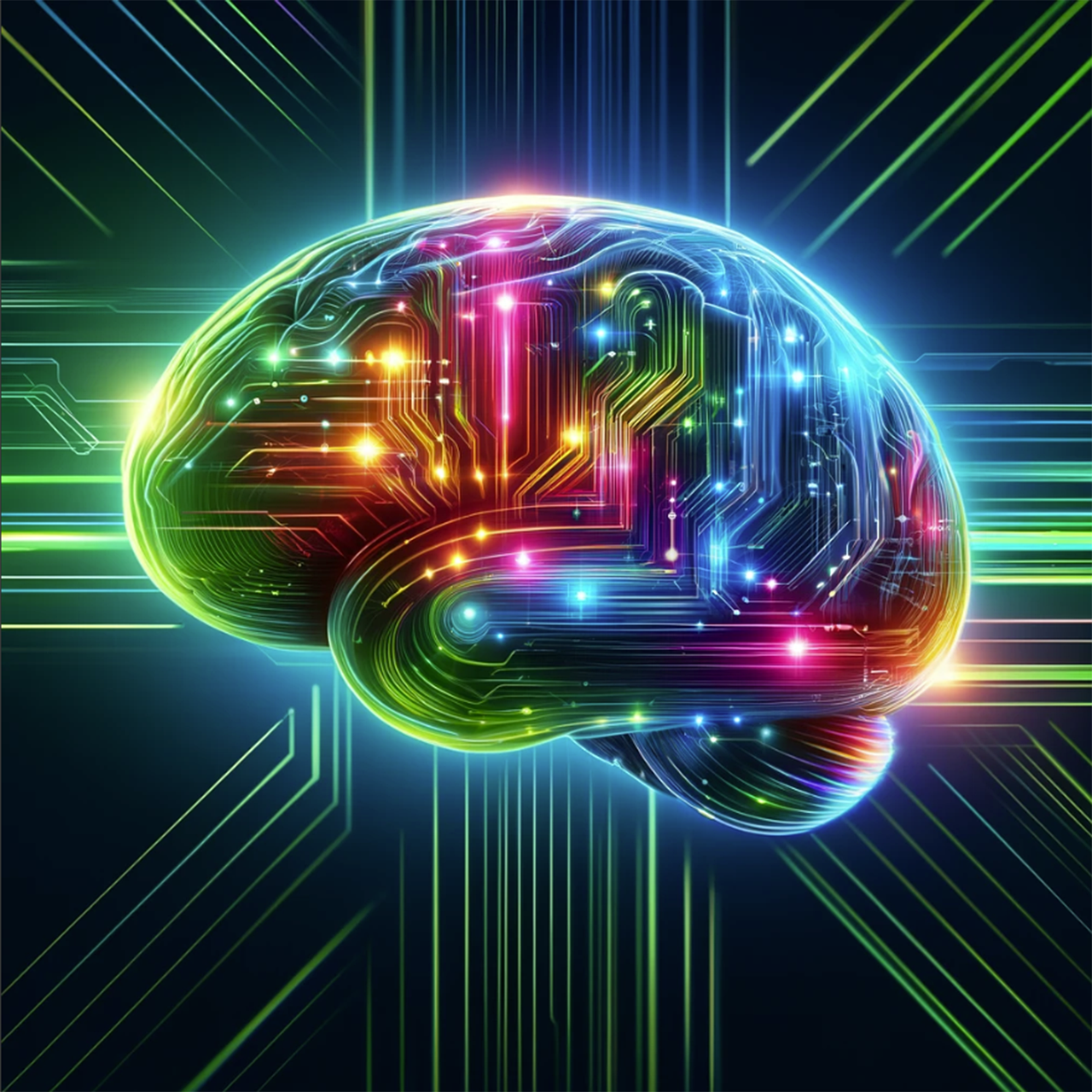 A glowing holographic brain rendered as neon circuit-board traces against a dark background