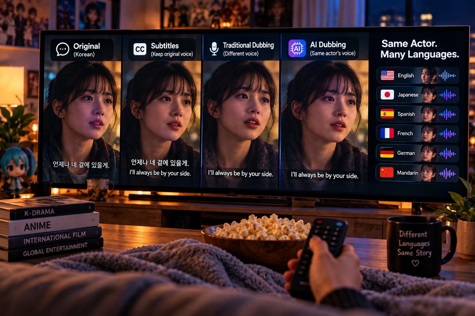 A TV screen comparing four ways to watch a foreign show — Original, Subtitles, Traditional Dubbing, and AI Dubbing — beside a language panel under the headline 'Same Actor. Many Languages.'