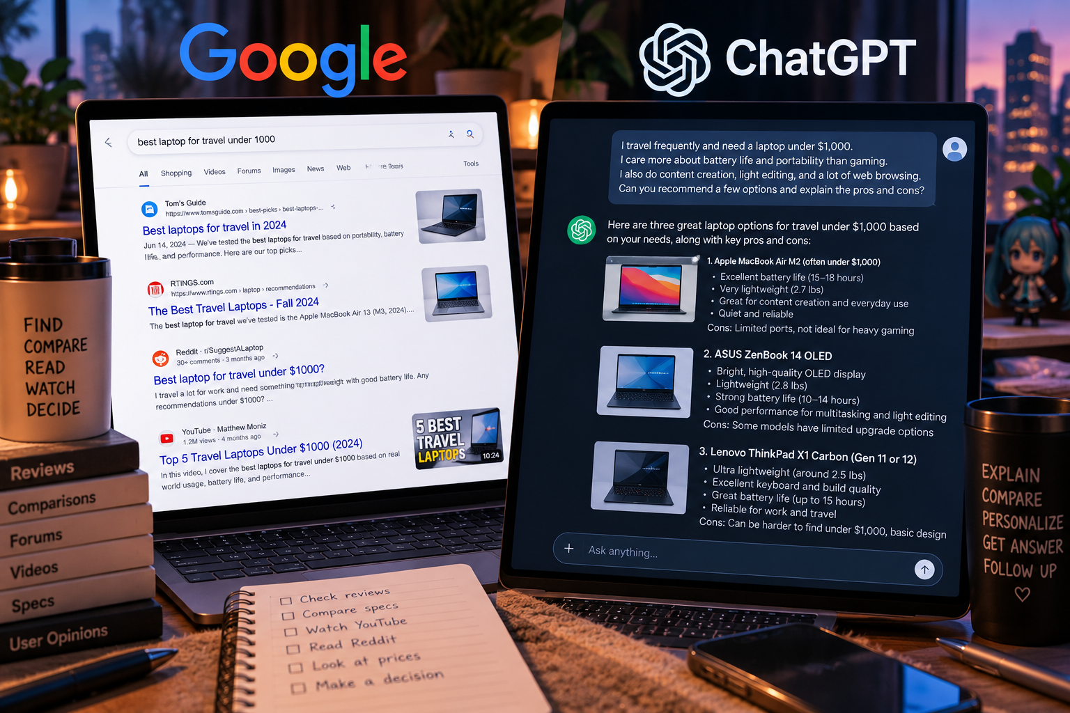 Two laptops side by side: one showing Google search results for laptops under $1,000, the other showing a ChatGPT conversation recommending laptops based on explained preferences
