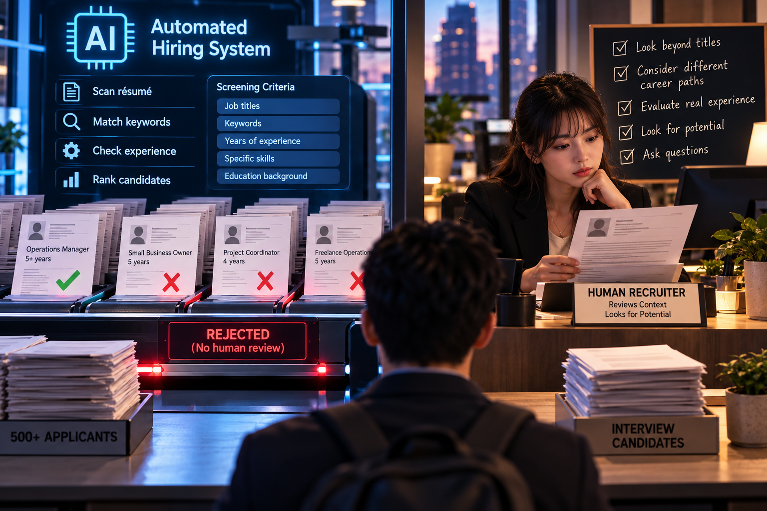 An automated hiring system scanning resumes and rejecting candidates with no human review, beside a human recruiter reviewing a resume for potential and context