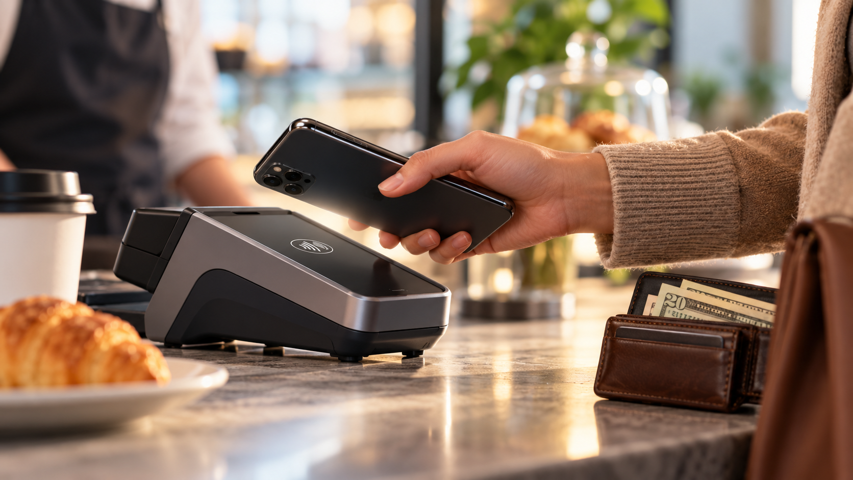 A hand tapping a smartphone on a payment terminal at a cafe counter, with a leather wallet holding cash nearby